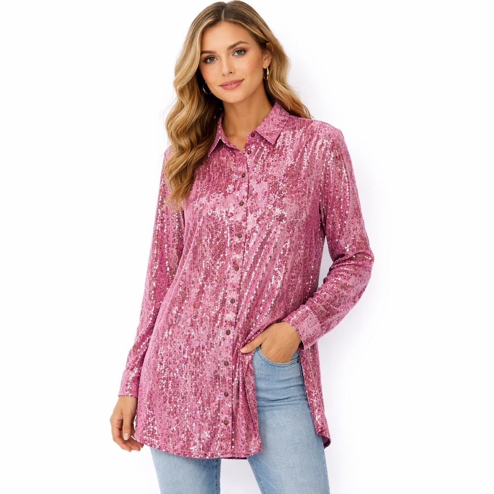 Pilcro Anthropologie Pink Shrunken Sequin Button Front Blouse Top XL